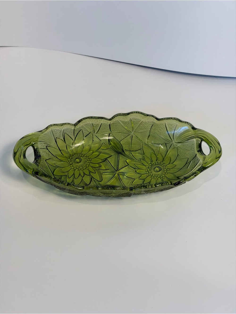 Indiana Glass Relish Dish Tray green water lily/sunflower Vintage